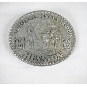 Hesston Belt Buckle Mens Silver Good 1989 NFR National Finals Rodeo Vintage